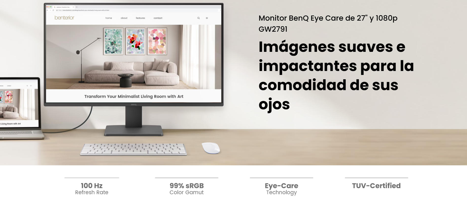 Monitor BenQ en una mesa con teclado y mouse