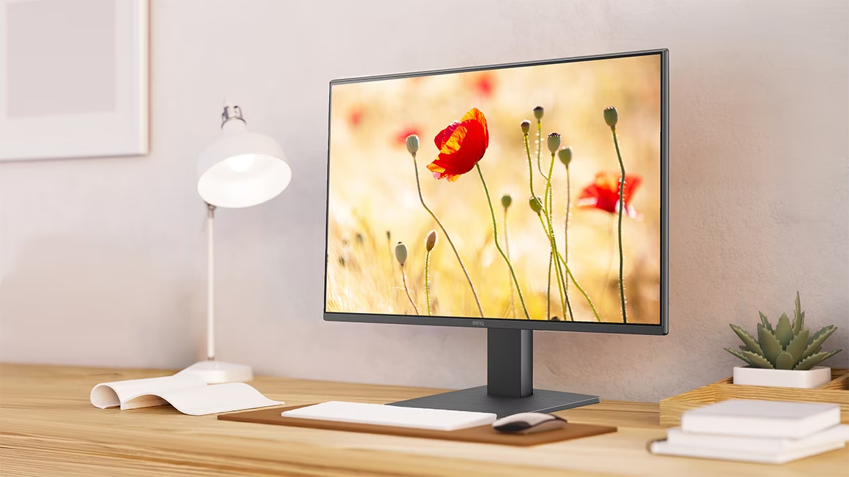 Monitor BenQ sobre una mesa con flores de fondo