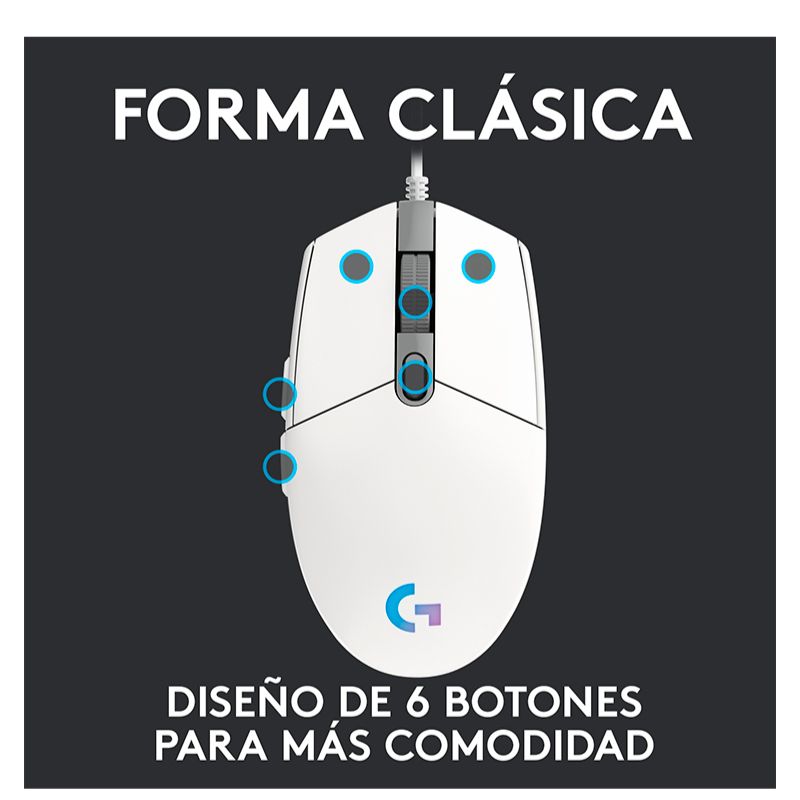 Mouse Óptico Gaming Logitech G203 LIGHTSPEED Blanco 8000DPI 6 Botones