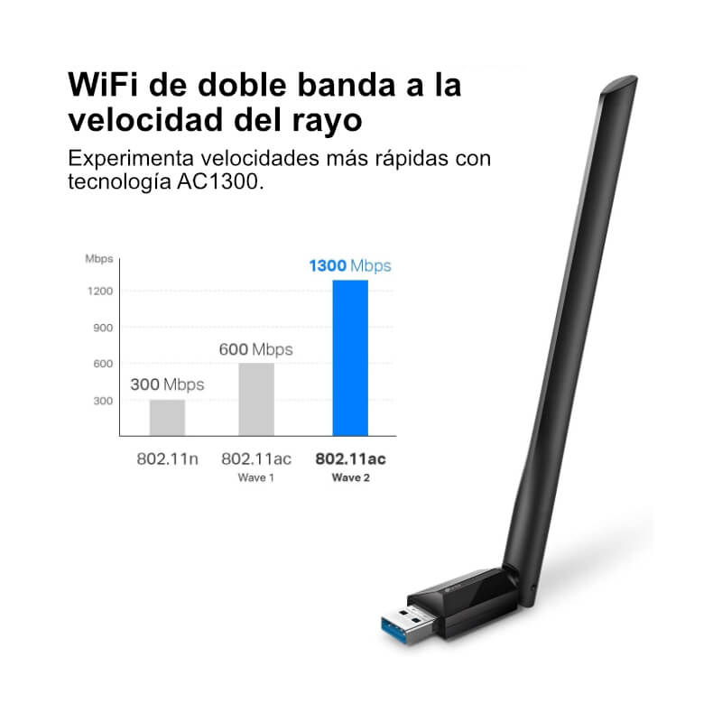 Adaptador de Red USB a Wi-Fi TP-Link Archer T3U Plus AC1300 Doble-Banda 1300Mbps MU-MIMO