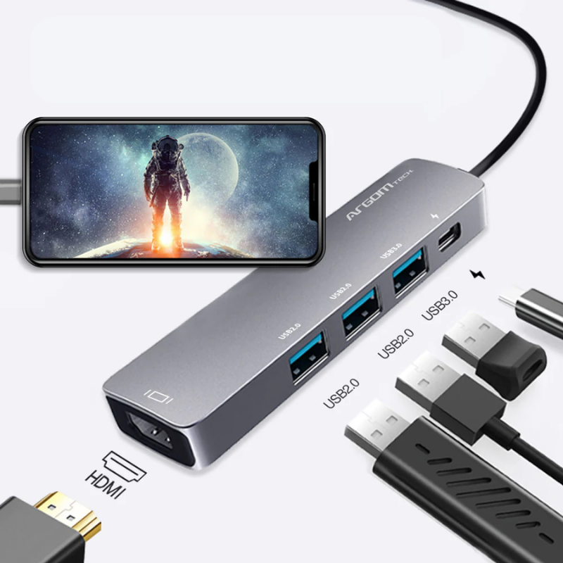 Hub Argom Type C 5 en 1, 1 puerto HDMI, 3 USB, 1 Type C