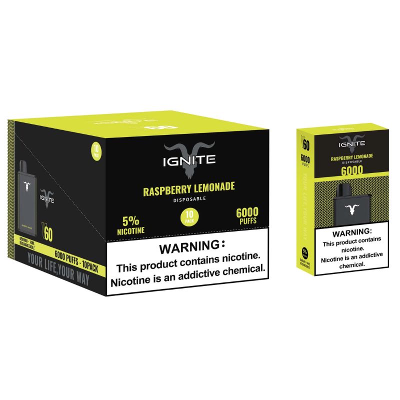 Vape Electronico Ignite V60 6000 Puffs Nic 5g Raspberry Lemonade