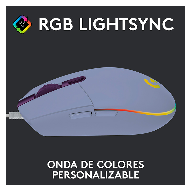 Mouse Óptico Gaming Logitech G203 LIGHTSYNC Lila 8000DPI 6 Botones