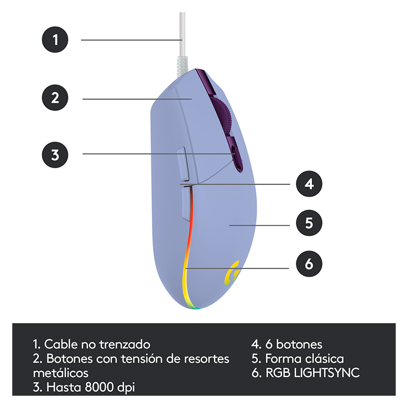 Mouse Óptico Gaming Logitech G203 LIGHTSYNC Lila 8000DPI 6 Botones