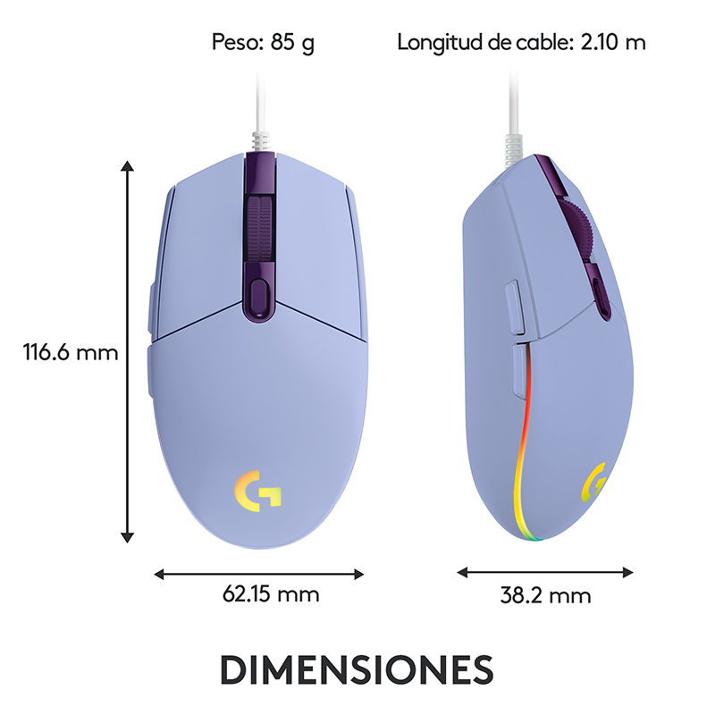 Mouse Óptico Gaming Logitech G203 LIGHTSYNC Lila 8000DPI 6 Botones