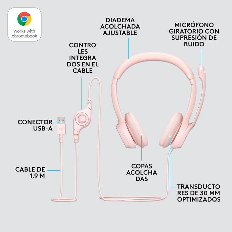 Audífonos Tipo Headset Logitech H390 USB con Micrófono Rosado