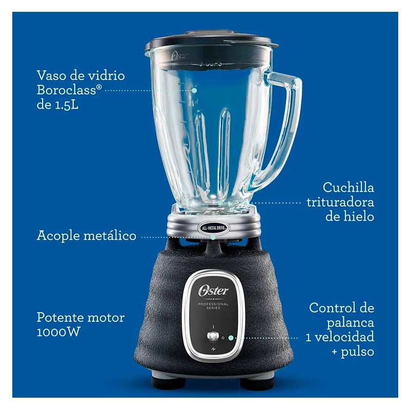 Licuadora Oster clásica BLSTBPST 1 Velocidades Jarra de Vidrio 1.5 Lt Negro 1000 W