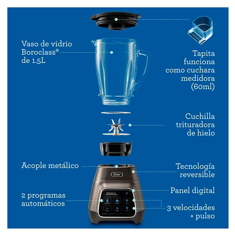 Licuadora Oster Xpert Series Blend-N-Go BLST3BCPG2 3 Velocidades Jarra de Vidrio 2 Lt Gris 1500 W +  Vaso Blend-N-Go