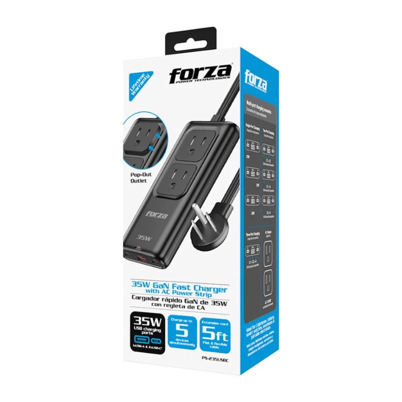 Regleta Forza Negra 2 Tomas, USB/USB-C