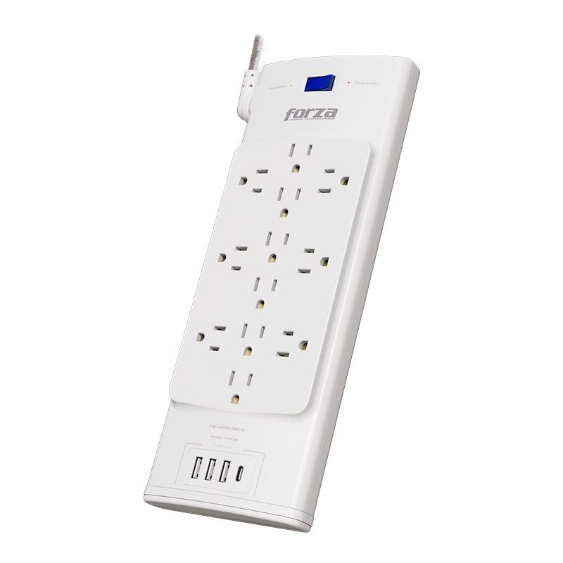 Protector de Sobretensión Forza FSP-1221USBCW 1625W 12 tomas 3 USB-A 1 USB-C 120/240V Blanco