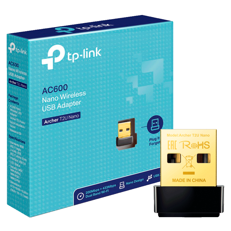 Adaptador de Red USB a Wi-Fi TP-Link Archer T2U Nano AC600 Doble Banda 200-433Mbps