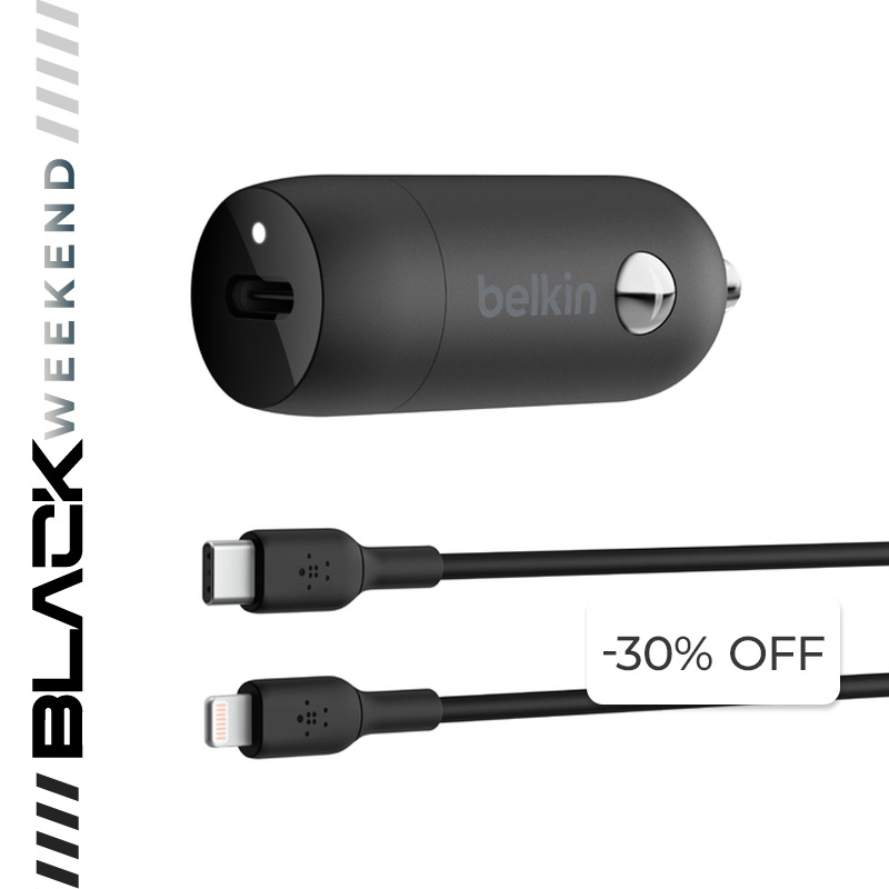 Cargador para Carro Belkin BoostCharge USB-C 30W​​ + Cable USB-C a Lightning Negro