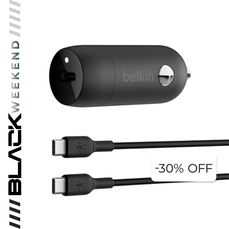 Cargador Para Carro Belkin USB-C 30W + Cable USB-C a USB-C Negro