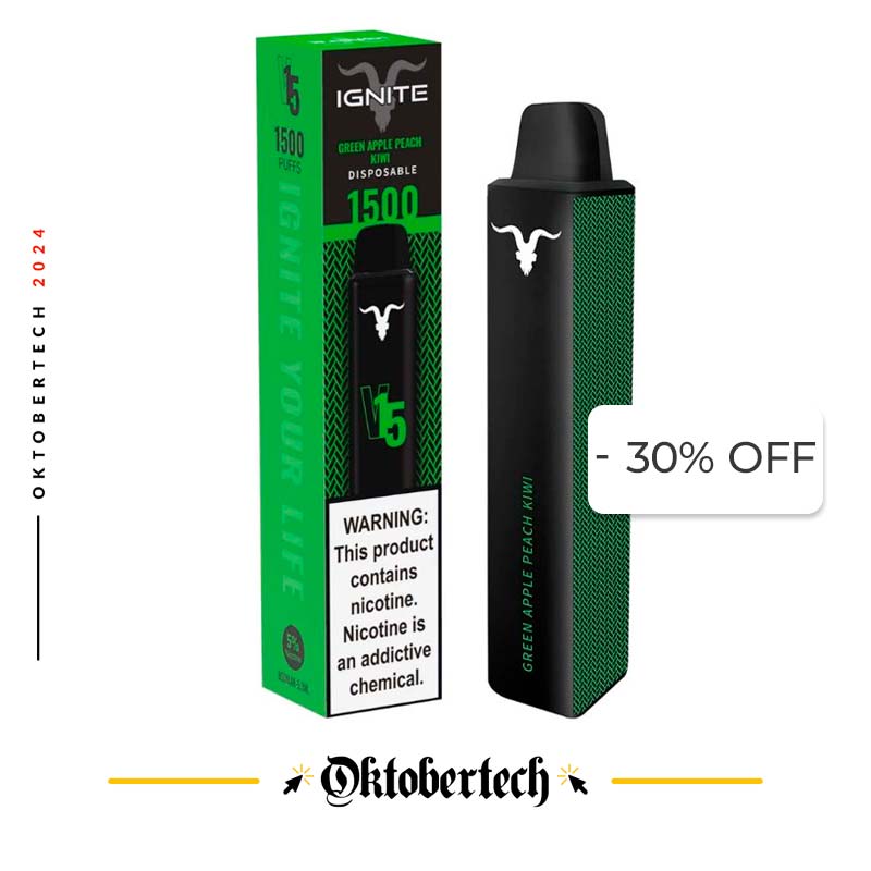 Vape Electronico Ignite V15 1500 Puffs Nic 5g Green Apple Peach Kiwi