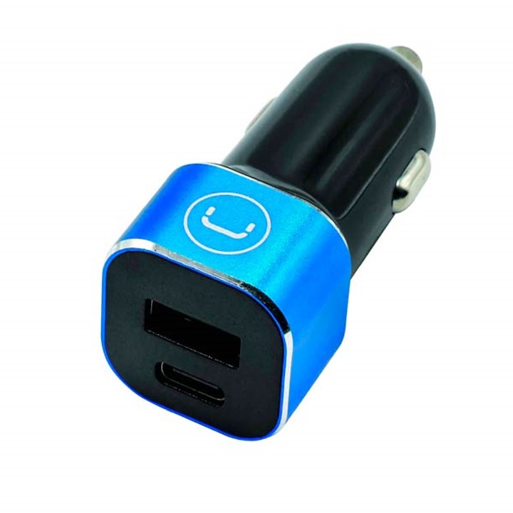 Cargador Unno Tekno PW5025BK para Carro Dual USB-C USB-A 28W Negro Celeste