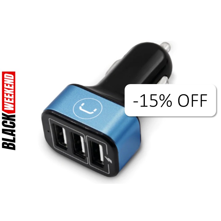 Cargador Unno Tekno PW5022BK para Carro Triple USB-A 6.0A Negro/Celeste
