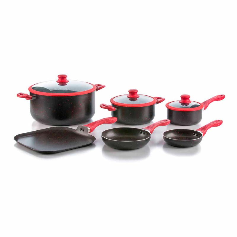 Batería de Cocina Picca BARI 9 Piezas Marmol Gris Stone Rojo