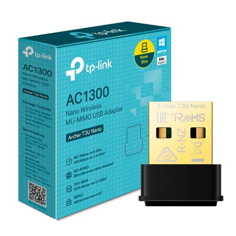 Adaptador de Red USB a Wi-Fi Tp-Link Archer T3U Nano AC1300 Doble Banda 400-867Mbps