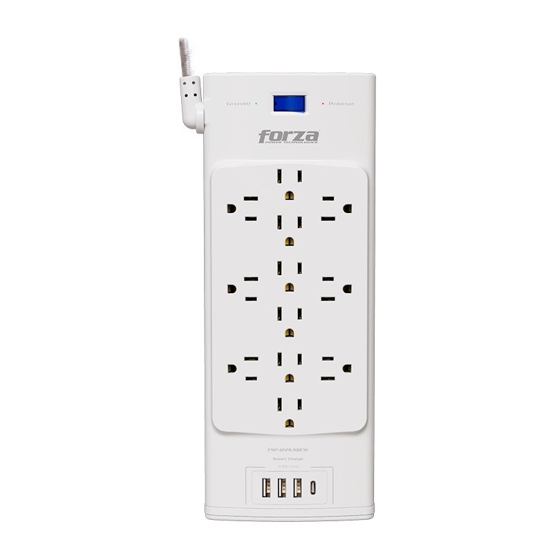 Protector de Sobretensión Forza FSP-1221USBCW 1625W 12 tomas 3 USB-A 1 USB-C 120/240V Blanco